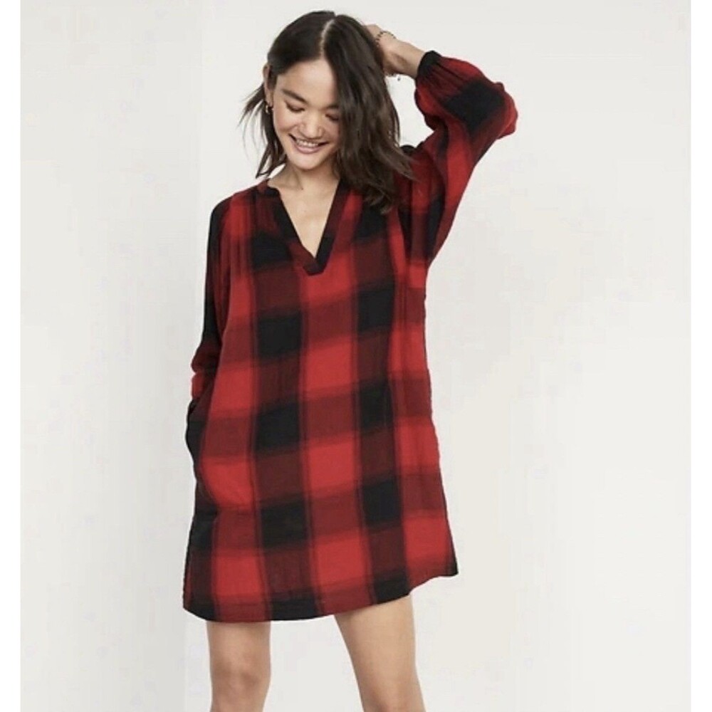 Old Navy red black plaid cotton gauze dress